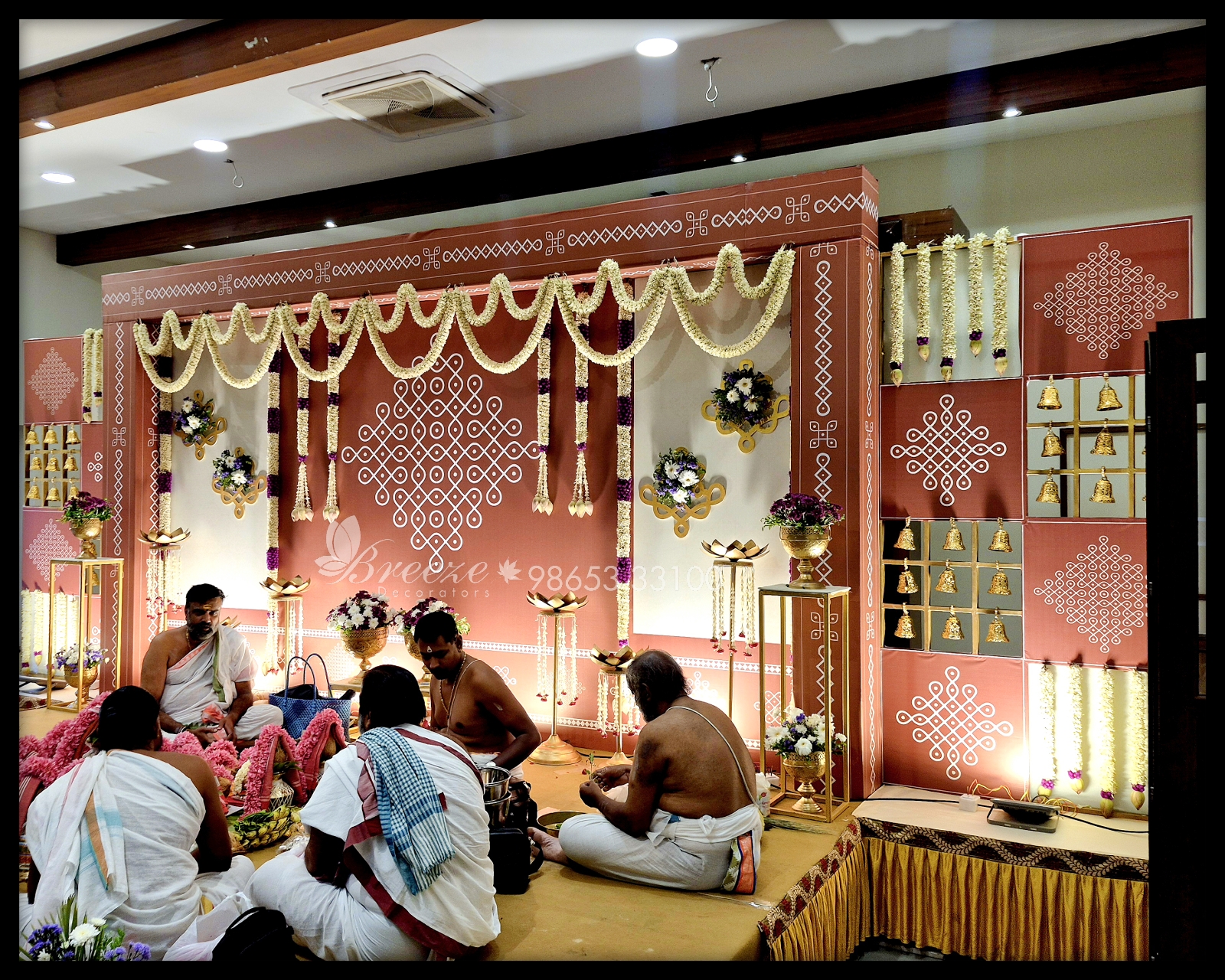 Sashtiabdapoorthy Vedic rituals and Homam setup on stage at Kuudam AC Hall Coimbatore